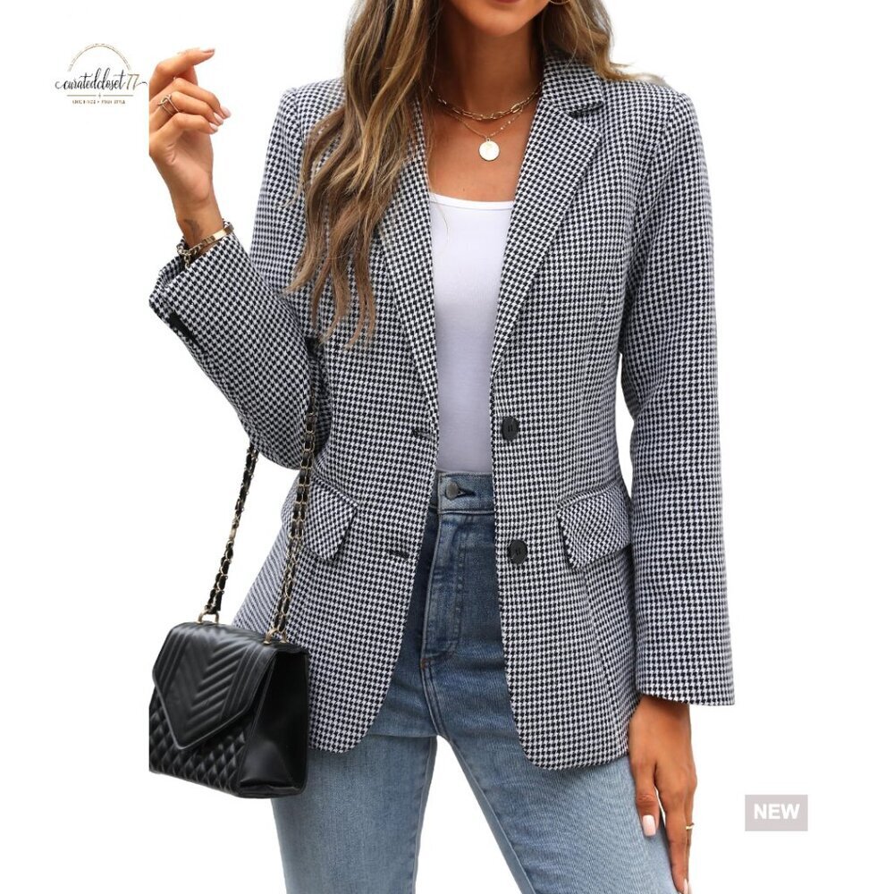 Women's Plaid Blazer Lapel Collar Boyfriend Fit Office Work Jacket